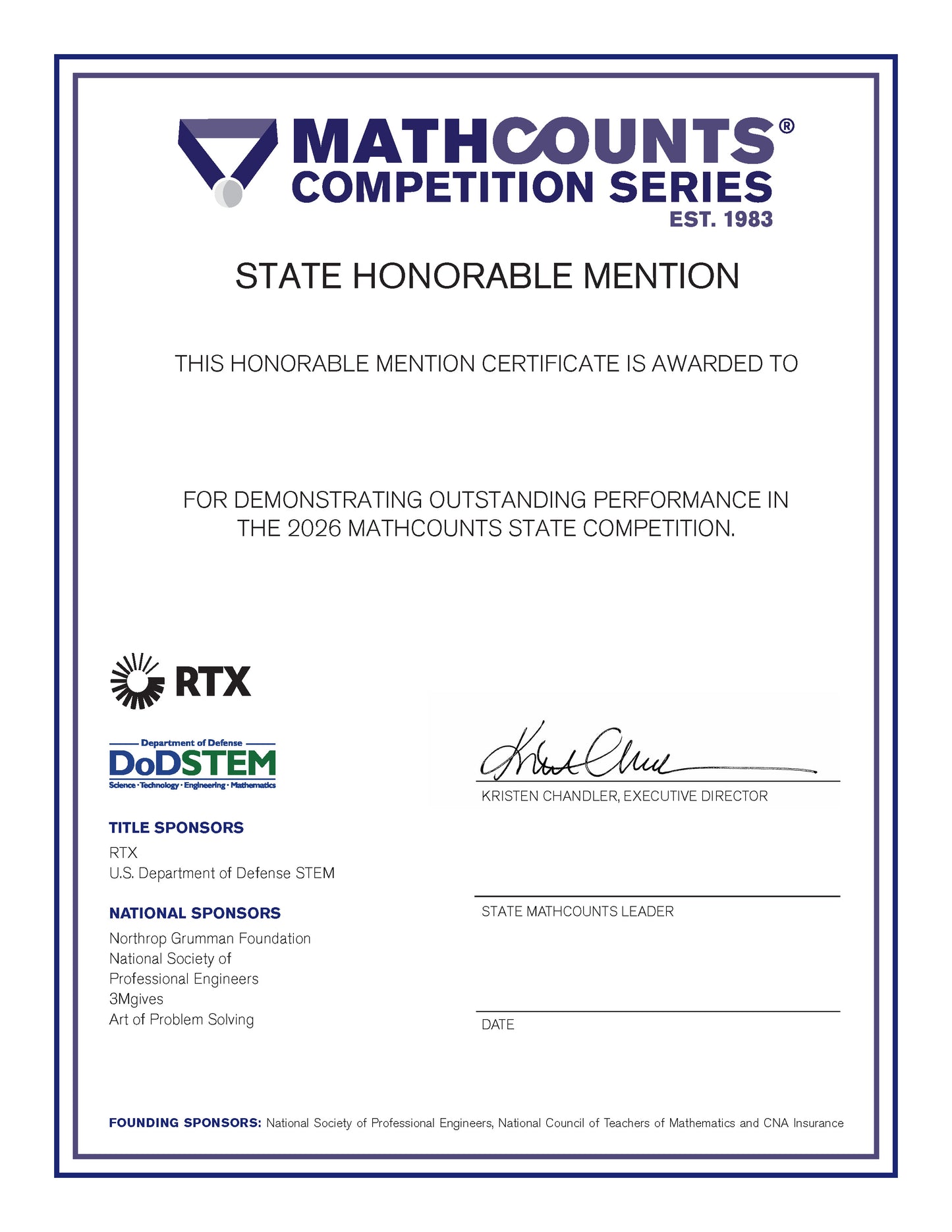 SHM State Honorable Mention Certificate