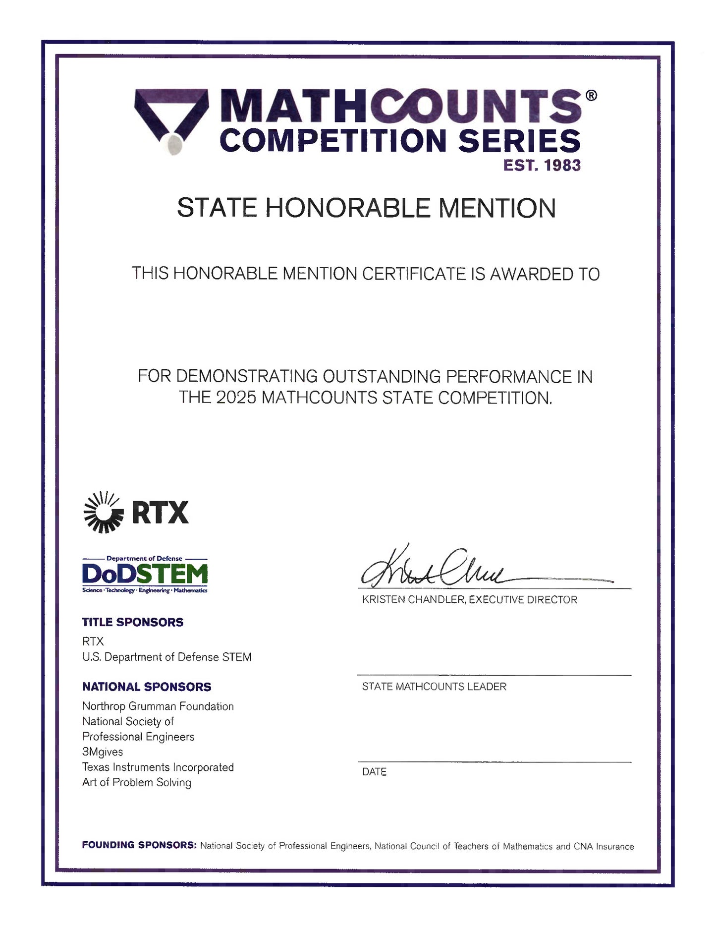 SHM State Honorable Mention Certificate